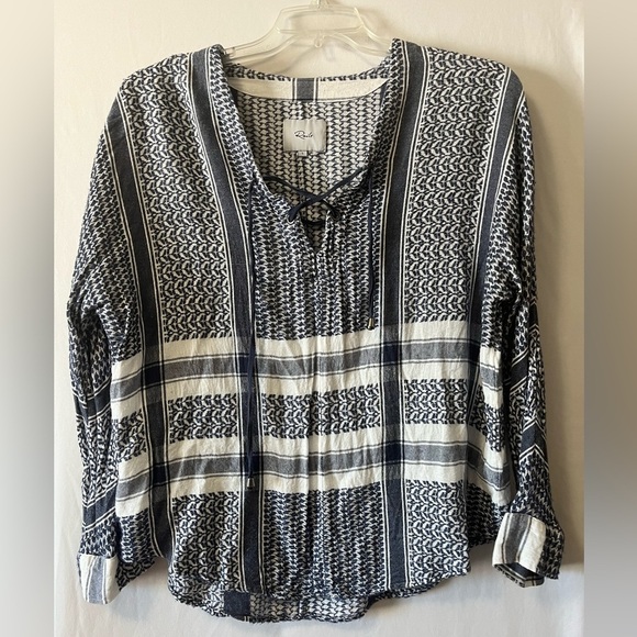 Rails Lily Sapphire Jacquard Lace up Long Sleeve Blue and White Top Size Large - Picture 1 of 6